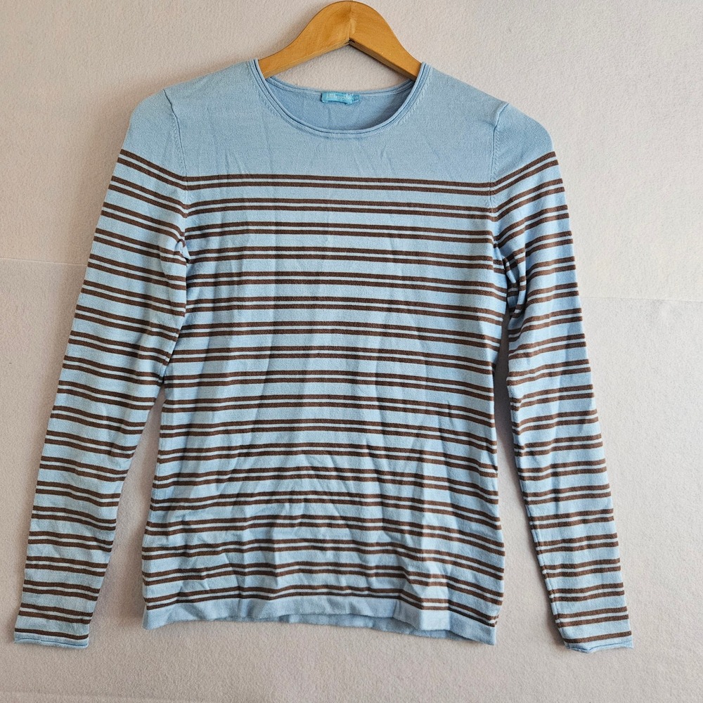 J.McLaughlin Womens XS‎ Light Blue Brown Striped Cotton Modal Knit Top Sweater